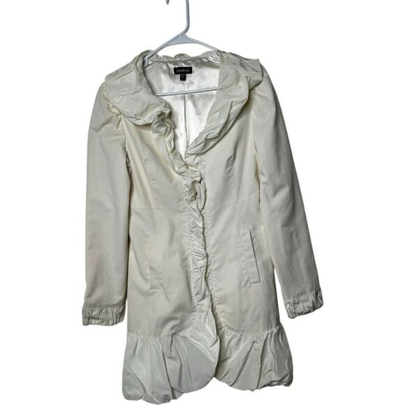 RARE Bebe Cream Ruffle Belted Jacket Size M Snap Closure Trench Coat Collar - Picture 1 of 6